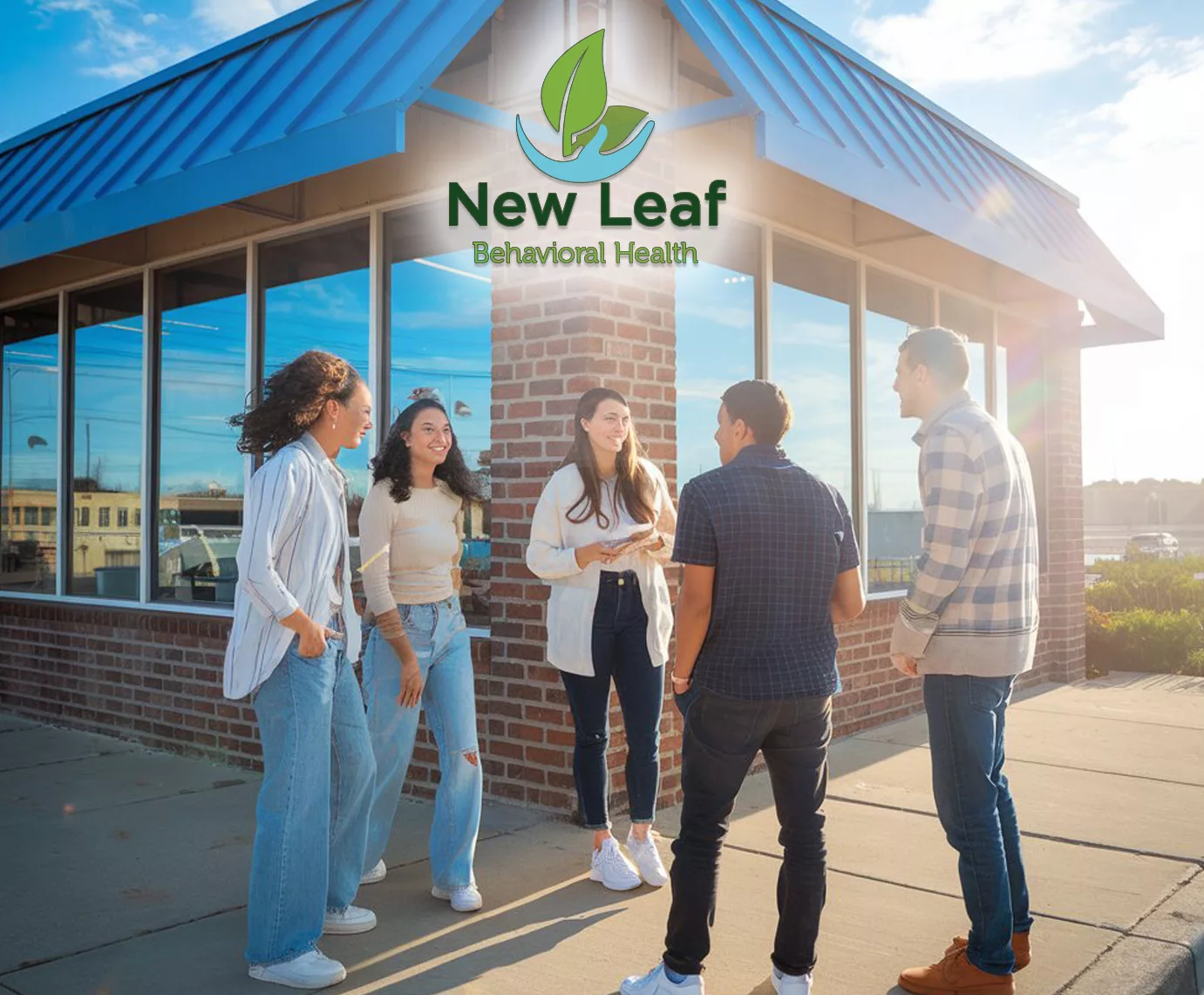 Staged photo of people talking outside a building
